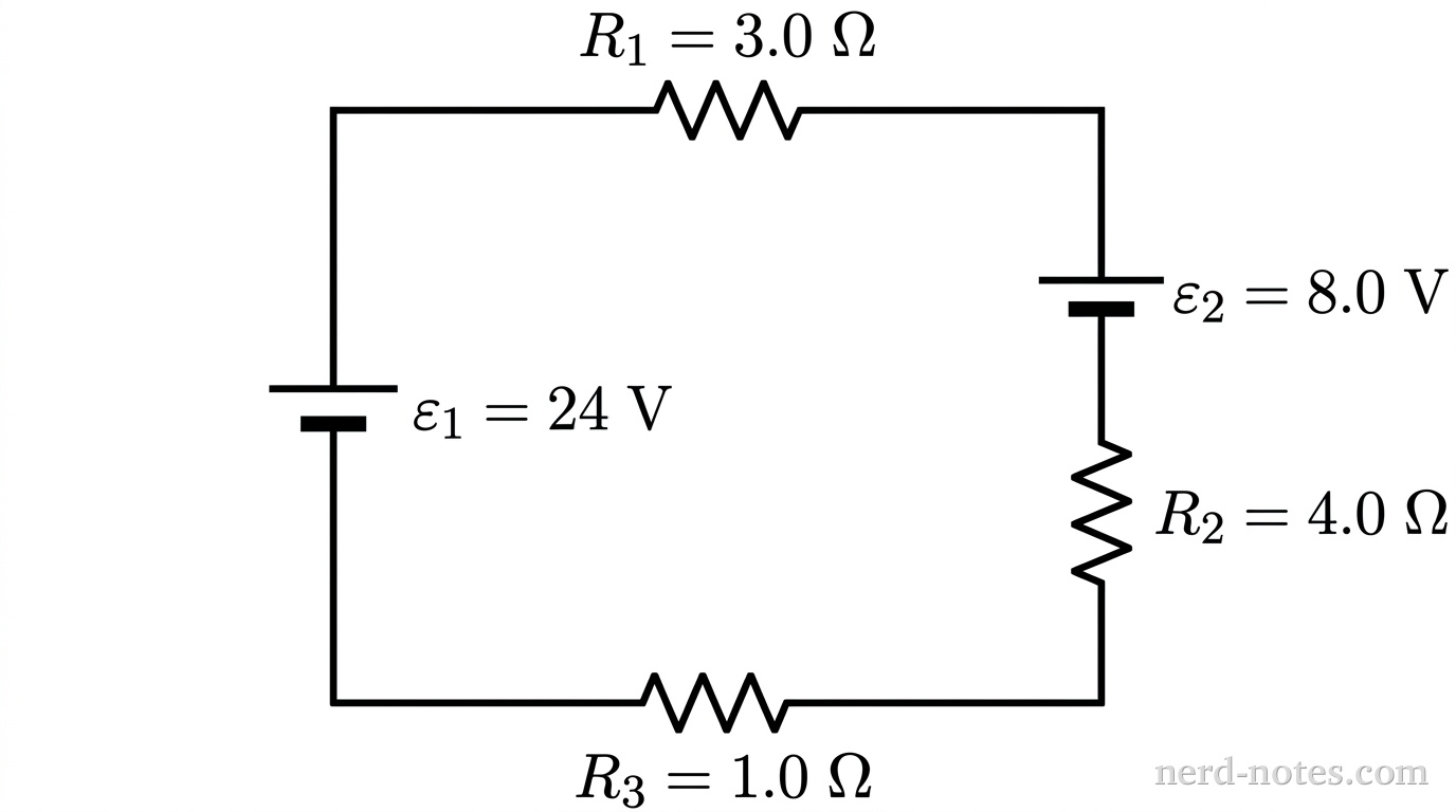 A single rectangular circuit loop with horizontal top and bottom segments and vertical left and right segments. The left vertical segment contains an ideal battery labeled \(\varepsilon_1 = 24\text{ V}\), oriented with its longer horizontal plate at the top and shorter thicker plate below it. The top horizontal segment contains a resistor labeled \(R_1 = 3.0\text{ }\Omega\). The right vertical segment contains an ideal battery labeled \(\varepsilon_2 = 8.0\text{ V}\) with its longer horizontal plate at the top and shorter thicker plate below it, and directly below this battery on the same right wire is a resistor labeled \(R_2 = 4.0\text{ }\Omega\). The bottom horizontal segment contains a resistor labeled \(R_3 = 1.0\text{ }\Omega\). No other labels, lines, text, or circuit components appear.