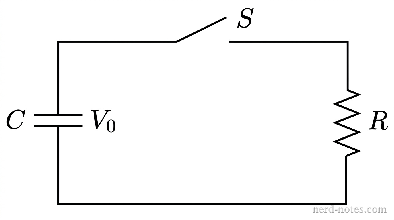 A circuit schematic with rectangular wire loops. On the left vertical branch is a capacitor labeled \(C\), marked with an initial potential difference \(V_0\). On the top horizontal branch is a single-pole switch labeled \(S\) shown in the open position. On the right vertical branch is a resistor labeled \(R\). The bottom horizontal wire connects the resistor back to the capacitor, forming a single closed loop when the switch is closed. No battery or other power source is present. No other labels, text, or elements appear.