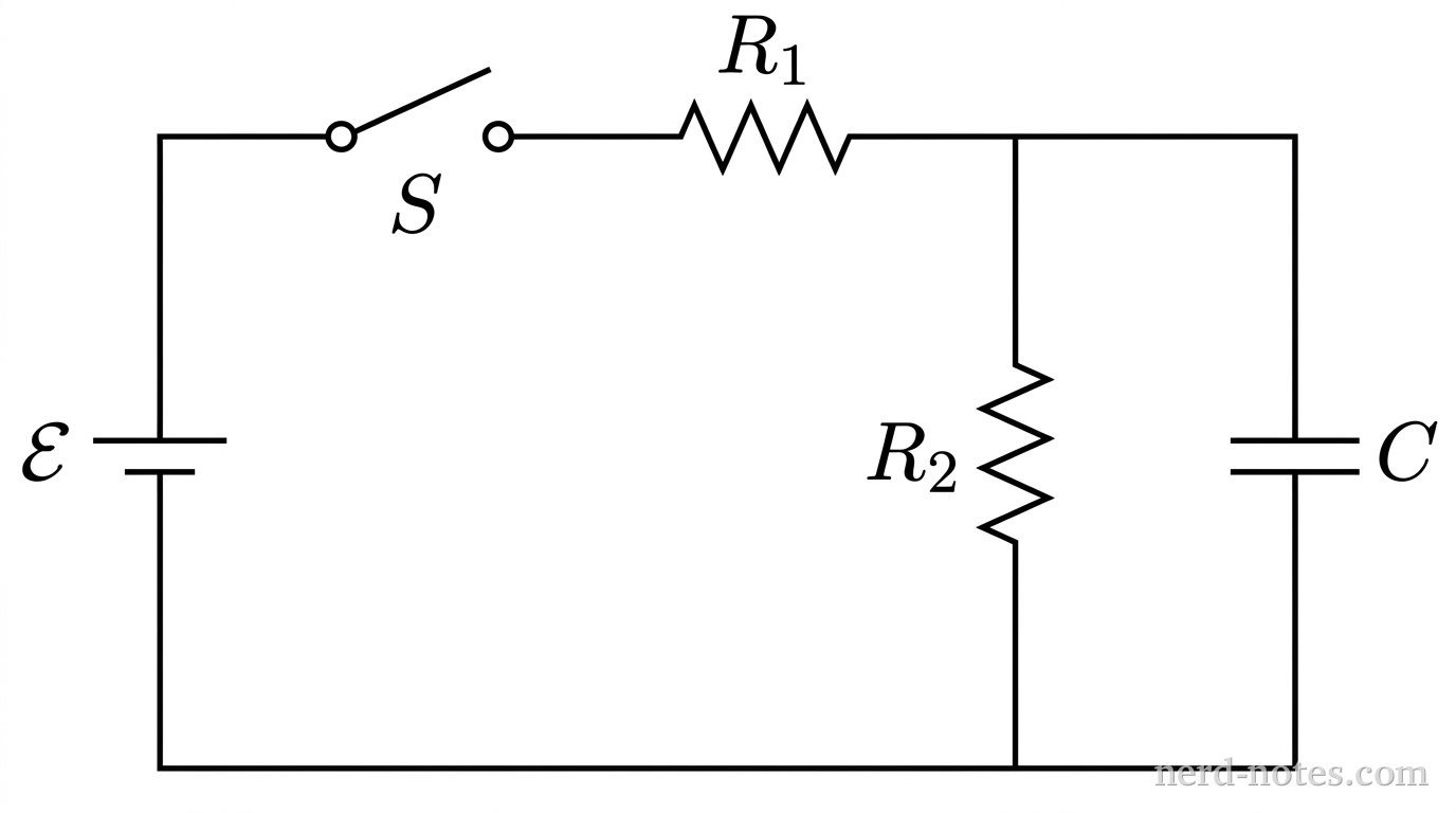 Grayscale schematic diagram of a direct-current circuit. A rectangular outer loop has an ideal battery labeled \(\mathcal{E}\) on the left vertical wire, oriented with the longer positive plate on top. On the top horizontal wire, an open single-pole single-throw switch labeled \(S\) is followed in series by a zigzag resistor symbol labeled \(R_1\). To the right of \(R_1\), the circuit splits into two parallel vertical branches. The inner vertical branch contains a zigzag resistor symbol labeled \(R_2\). The outer vertical branch contains a capacitor symbol with two parallel plates labeled \(C\). The bottom horizontal wire connects the parallel branches back to the negative terminal of the battery. No other labels, meters, or arrows appear.