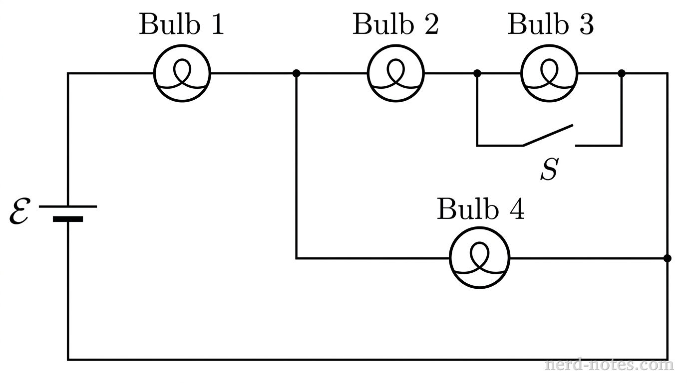 A circuit with four identical lightbulbs, an ideal battery \(\mathcal{E}\), and an open switch \(S\).