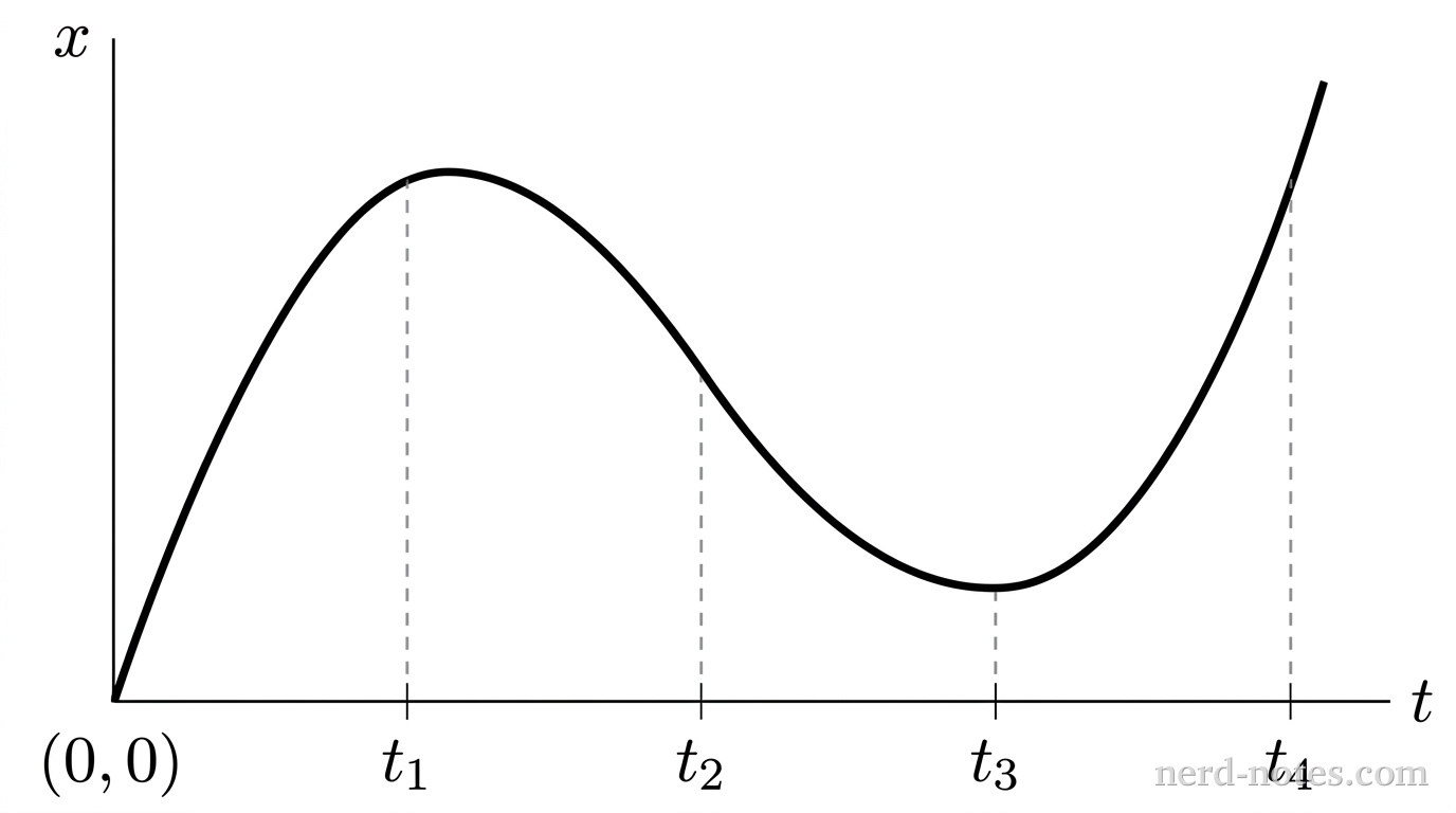 A 2D line graph with a horizontal axis labeled t and a vertical axis labeled x. The origin is at (0,0). A single continuous solid curve begins at the origin with a positive slope, curves downward to reach a smooth local maximum at t_1, decreases through an inflection point at t_2 where the slope is most steeply negative, flattens out to reach a smooth local minimum at t_3, and curves upward with increasing positive slope through t_4. Vertical dashed lines drop from the curve at times t_1, t_2, t_3, and t_4 to tick marks labeled t_1, t_2, t_3, and t_4 on the horizontal axis. No other labels, lines, text, or axes appear.