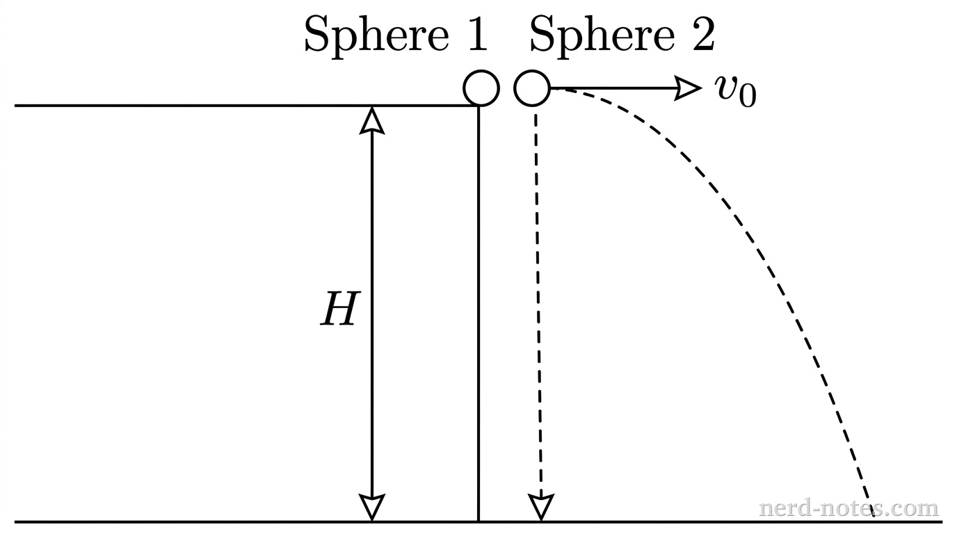 A horizontal cliff of height \(H\) is shown above a flat horizontal ground line. At the upper right edge of the cliff, Sphere 1 and Sphere 2 are positioned side-by-side at the same elevation. A downward vertical dashed line with a downward-pointing arrowhead extends from Sphere 1 to the ground directly below. A horizontal solid vector arrow labeled \(v_0\) points to the right from Sphere 2, and a smooth downward-curving parabolic dashed line extends from Sphere 2 to the ground further to the right. A vertical dimension line with arrowheads at both ends is placed along the cliff face and labeled \(H\). No other labels, lines, text, or axes appear.