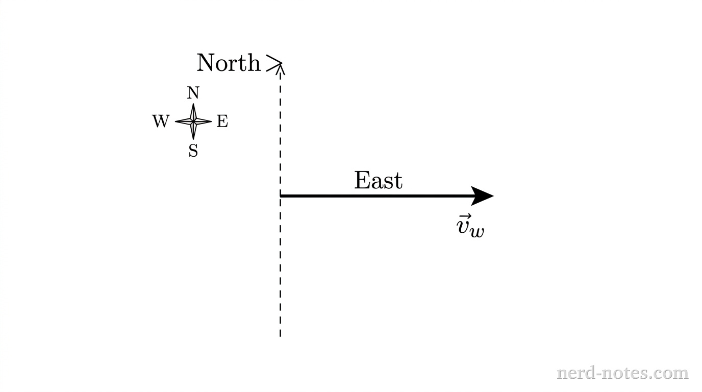 A grayscale vector reference schematic. A horizontal vector arrow labeled \vec{v}_w originates at the origin and points horizontally to the right along the positive x-axis, labeled East. A vertical dashed line with an open arrow at its top extends along the positive y-axis, labeled North, indicating the desired resultant ground track. In the upper-left quadrant, a small four-point compass rose displays letters N, S, E, and W. No other labels, lines, text, or axes appear.