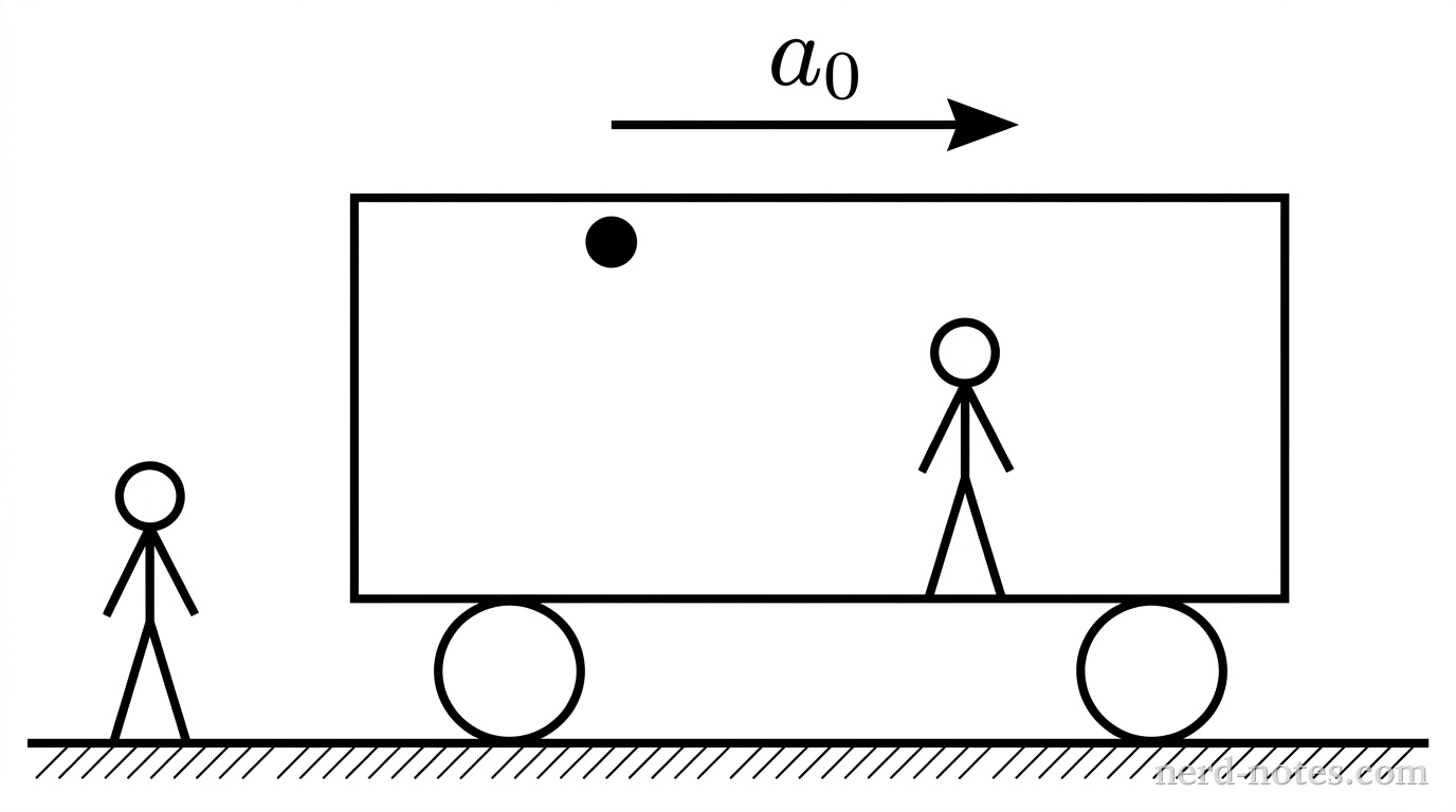 A rectangular train car sits on two circular wheels on a flat horizontal track line. A single horizontal arrow above the train roof points to the right and is labeled \(a_0\). Inside the train car, a small solid black circle representing a sphere is positioned near the ceiling. A stick figure representing the passenger stands inside the train car to the right of the sphere. Outside the train car on the left, a second stick figure representing the ground observer stands on the ground. No other labels, lines, text, or axes appear.