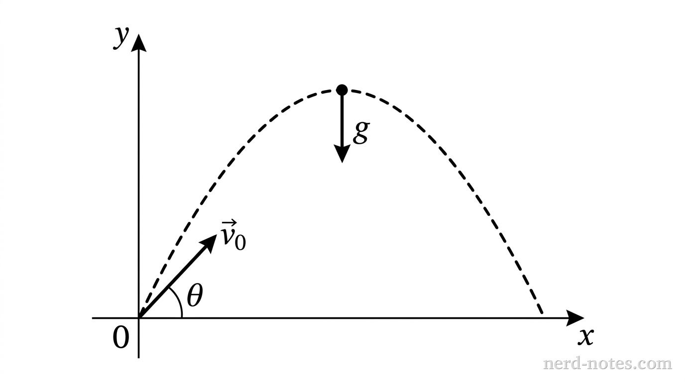 A two-dimensional coordinate system with a horizontal x-axis and a vertical y-axis meeting at origin (0,0). A smooth, downward-opening parabolic dashed curve begins at (0,0) and ends at a point on the positive x-axis. At the origin (0,0), a solid arrow labeled \(v_0\) points up and to the right at an angle \(\theta\) above the horizontal x-axis, with a small curved arc indicating the angle \(\theta\). At the highest point of the parabolic curve, a small solid circular dot represents the projectile. A downward vertical arrow from the dot is labeled \(g\). No other labels, lines, text, or axes appear.