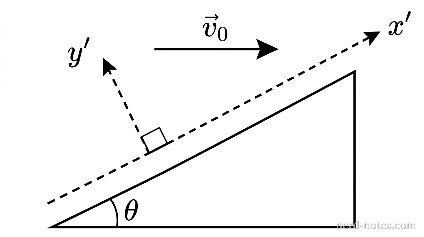 A right triangle represents an inclined plane with a base on a horizontal surface and an incline surface rising to the right at an angle labeled \theta. Above the incline, a single solid horizontal arrow labeled \vec{v}_0 points to the right. A set of perpendicular coordinate axes is shown near the incline: a dashed axis labeled x' is aligned parallel to the surface of the incline pointing up and to the right, and a dashed axis labeled y' is aligned perpendicular to the surface of the incline pointing up and to the left. A small square right-angle symbol sits between the x' and y' axes. No other labels, lines, text, or axes appear.