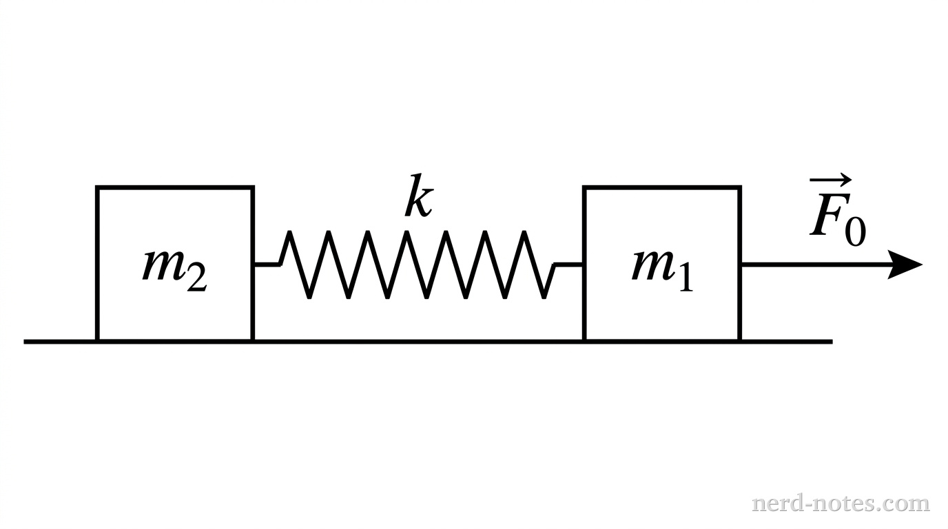 A horizontal line represents a frictionless floor. Two rectangular blocks rest on the floor: a block labeled \(m_2\) on the left and a block labeled \(m_1\) on the right. A horizontal zigzag line representing a coiled spring labeled \(k\) connects the right face of block \(m_2\) to the left face of block \(m_1\). A single horizontal vector arrow labeled \(F_0\) starts at the right face of block \(m_1\) and points horizontally to the right. No other labels, lines, text, or axes appear.