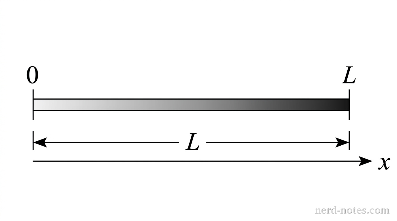 A horizontal thin rod lies along an x-axis. The left end of the rod is aligned with a vertical tick mark labeled 0 at the origin, and the right end is aligned with a tick mark labeled L. Below the rod, a horizontal double-headed dimension line spans from 0 to L and is labeled L. Shading inside the rod is light gray at the left end and becomes progressively darker toward the right end to indicate increasing density. A horizontal coordinate axis with an arrow pointing right labeled x runs directly beneath the rod. No other labels, lines, text, or axes appear.