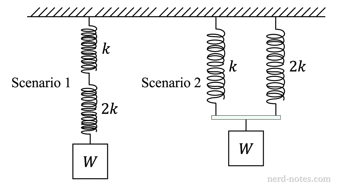 A grayscale schematic diagram showing two spring configurations suspended from a horizontal ceiling line. On the left, labeled 'Scenario 1', two vertical coil springs are connected end-to-end in series from the ceiling down to a square mass labeled W; the upper spring is labeled k and the lower spring is labeled 2k. On the right, labeled 'Scenario 2', the two springs are suspended side-by-side in parallel from the ceiling down to a light horizontal bar that supports the same square mass labeled W; the left spring is labeled k and the right spring is labeled 2k. No other labels, lines, text, or axes appear.