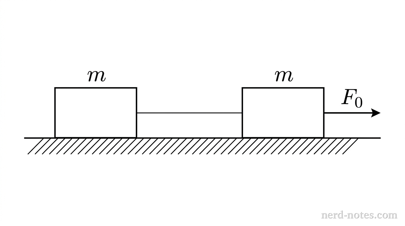 Two connected sleds pulled across a frictionless surface.