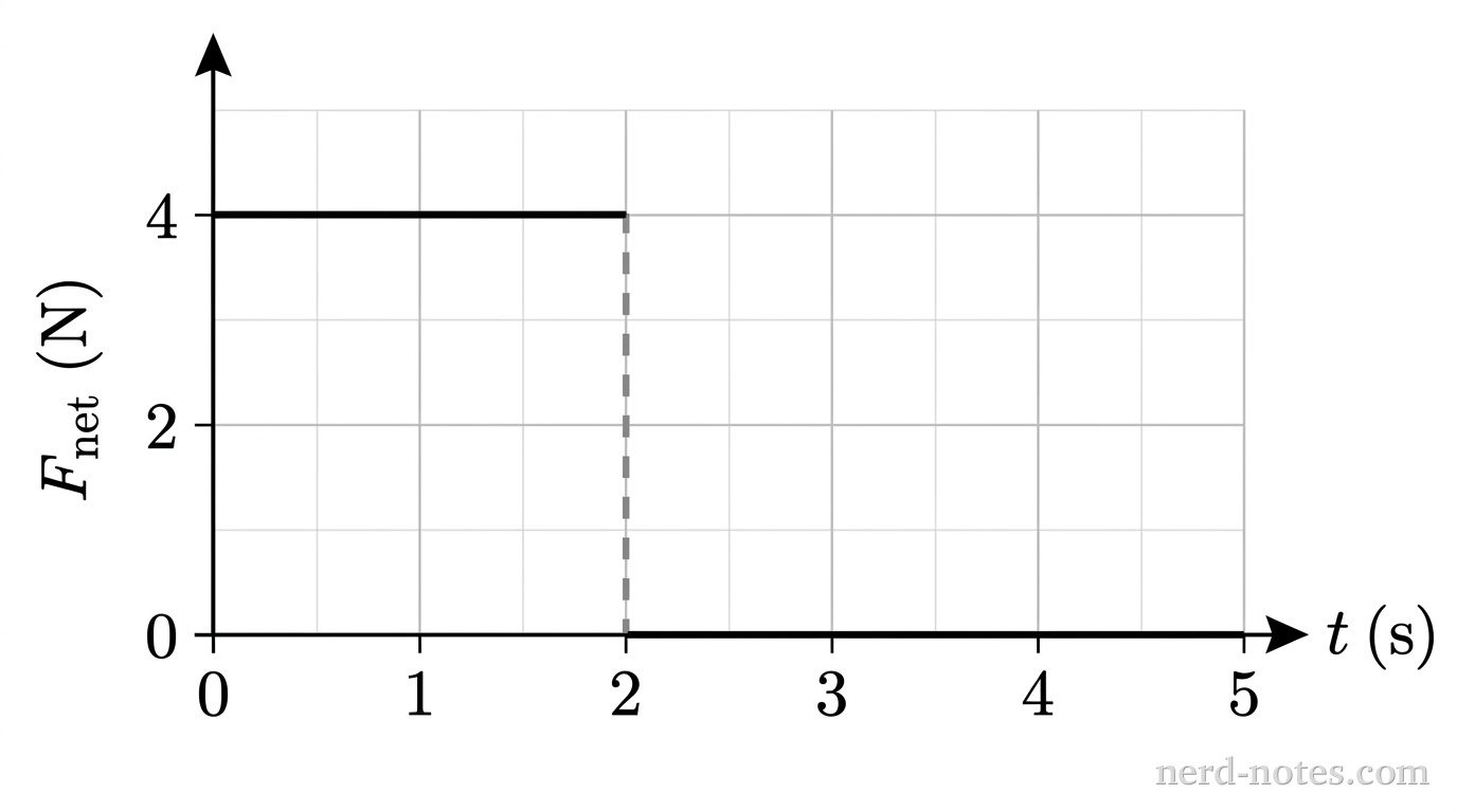 A Cartesian coordinate graph with a horizontal time axis labeled t (s) and a vertical net force axis labeled F_{net} (N). The horizontal axis has major tick marks at 0, 1, 2, 3, 4, and 5. The vertical axis has major tick marks at 0, 2, and 4. The graph features light gray gridlines at each integer tick mark. A solid horizontal line segment is plotted at F_{net} = 4 from t = 0 to t = 2. A vertical dashed line connects (2, 4) down to (2, 0). A solid horizontal line segment lies directly along the horizontal axis at F_{net} = 0 from t = 2 to t = 5. No other labels, lines, text, or axes appear.
