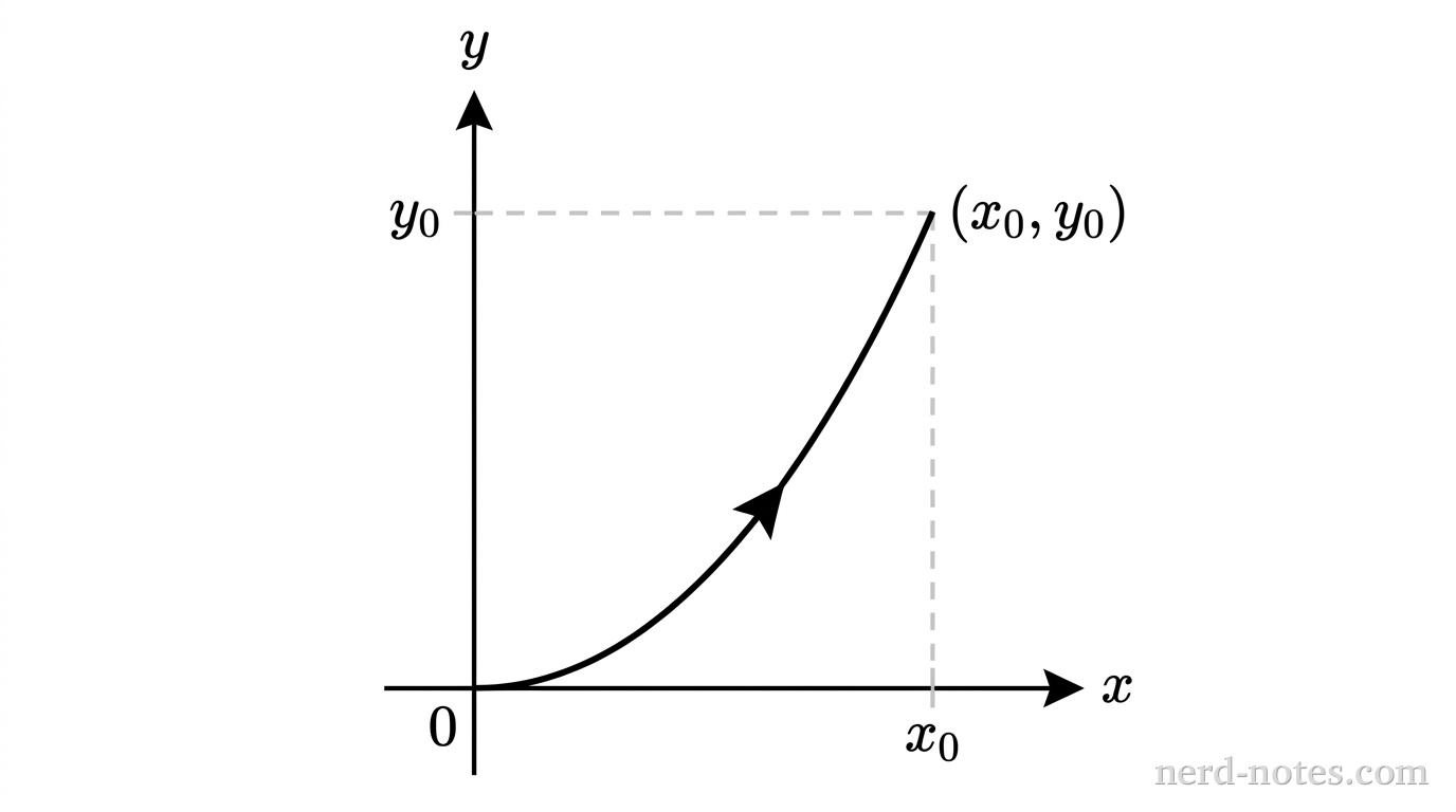 A Cartesian coordinate system with a horizontal x-axis labeled x and a vertical y-axis labeled y. A solid curved line represents the parabolic path y = k x^2 starting at the origin (0, 0) and curving upward and to the right into the first quadrant to an endpoint labeled (x_0, y_0). A single directional arrowhead along the midpoint of the curve points upward and rightward, indicating motion from the origin toward (x_0, y_0). Dashed projection lines drop from (x_0, y_0) vertically to a tick labeled x_0 on the x-axis and horizontally to a tick labeled y_0 on the y-axis. No other labels, lines, text, or axes appear.