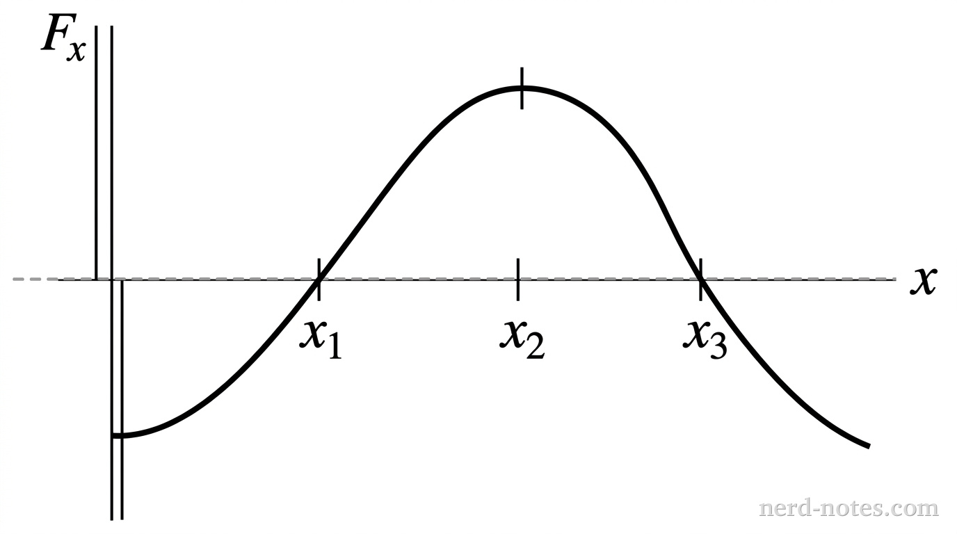 A Cartesian coordinate graph with a horizontal axis labeled x and a vertical axis labeled F_x. A horizontal dashed axis line represents F_x = 0. A smooth continuous solid curve begins in the negative F_x region to the left, rises upward to cross the horizontal axis at a point marked x_1 with a positive slope, reaches a peak in the positive F_x region marked x_2, and then slopes downward to cross the horizontal axis at a point marked x_3 with a negative slope before continuing downward into the negative F_x region. Vertical tick marks labeled x_1, x_2, and x_3 sit along the horizontal axis. No other labels, lines, text, or axes appear.