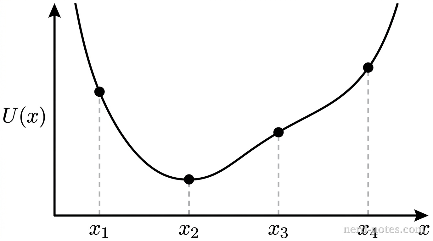 A 2D Cartesian graph with a horizontal axis labeled x and a vertical axis labeled U(x), with no gridlines. A single continuous smooth solid curve represents potential energy. Starting at the top left with high potential energy, the curve slopes steeply downward to the right through a solid dot labeled x_1, reaches a smooth rounded local minimum with a horizontal tangent at a solid dot labeled x_2, ascends with a moderate positive slope through a solid dot labeled x_3, and curves upward more steeply through a solid dot labeled x_4. From each of the four dots, a vertical dashed line extends straight down to the horizontal axis where the corresponding position labels x_1, x_2, x_3, and x_4 appear along the axis. No other labels, lines, text, or axes appear.