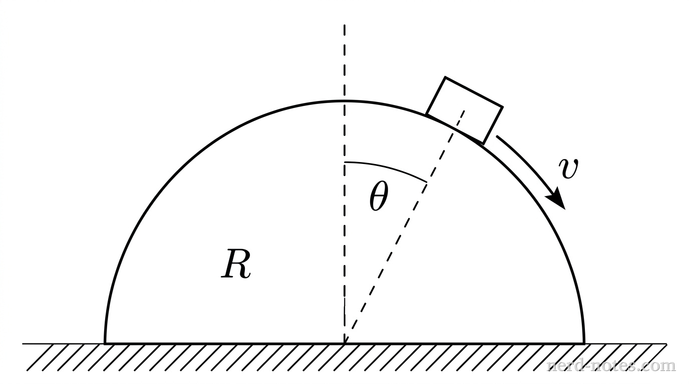 A small block sliding down a frictionless hemispherical dome of radius \(R\).