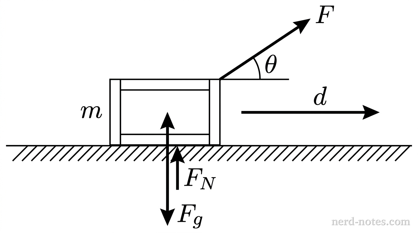 A rectangular crate labeled m rests on a horizontal ground line. A horizontal displacement vector arrow labeled d points to the right. A solid arrow labeled F extends from the upper-right corner of the crate directed upward and to the right at an angle labeled \theta above the horizontal. A downward vertical arrow labeled F_g extends from the center of the crate, and an upward vertical arrow labeled F_N extends from the bottom of the crate. No other labels, lines, text, or axes appear.
