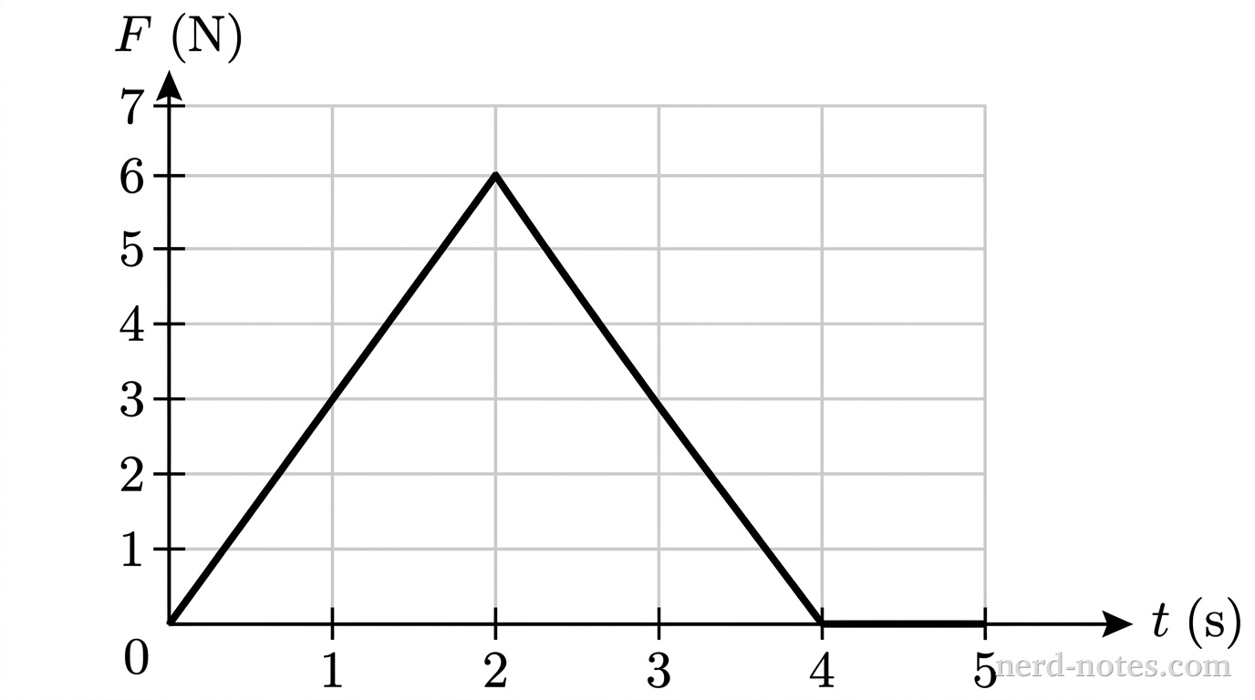 A Cartesian graph with a horizontal axis labeled time t in seconds and a vertical axis labeled force F in newtons. The horizontal axis has labeled major grid lines and tick marks at integer values 0, 1, 2, 3, 4, 5. The vertical axis has labeled major grid lines and tick marks at integer values 0, 1, 2, 3, 4, 5, 6, 7. A single solid line begins at the origin (0, 0), extends with constant positive slope to a peak at (2, 6), and then extends with constant negative slope to touch the horizontal axis at (4, 0). From t = 4 to t = 5, the line remains at F = 0 along the horizontal axis. No other curves, shaded regions, text, or axes appear.
