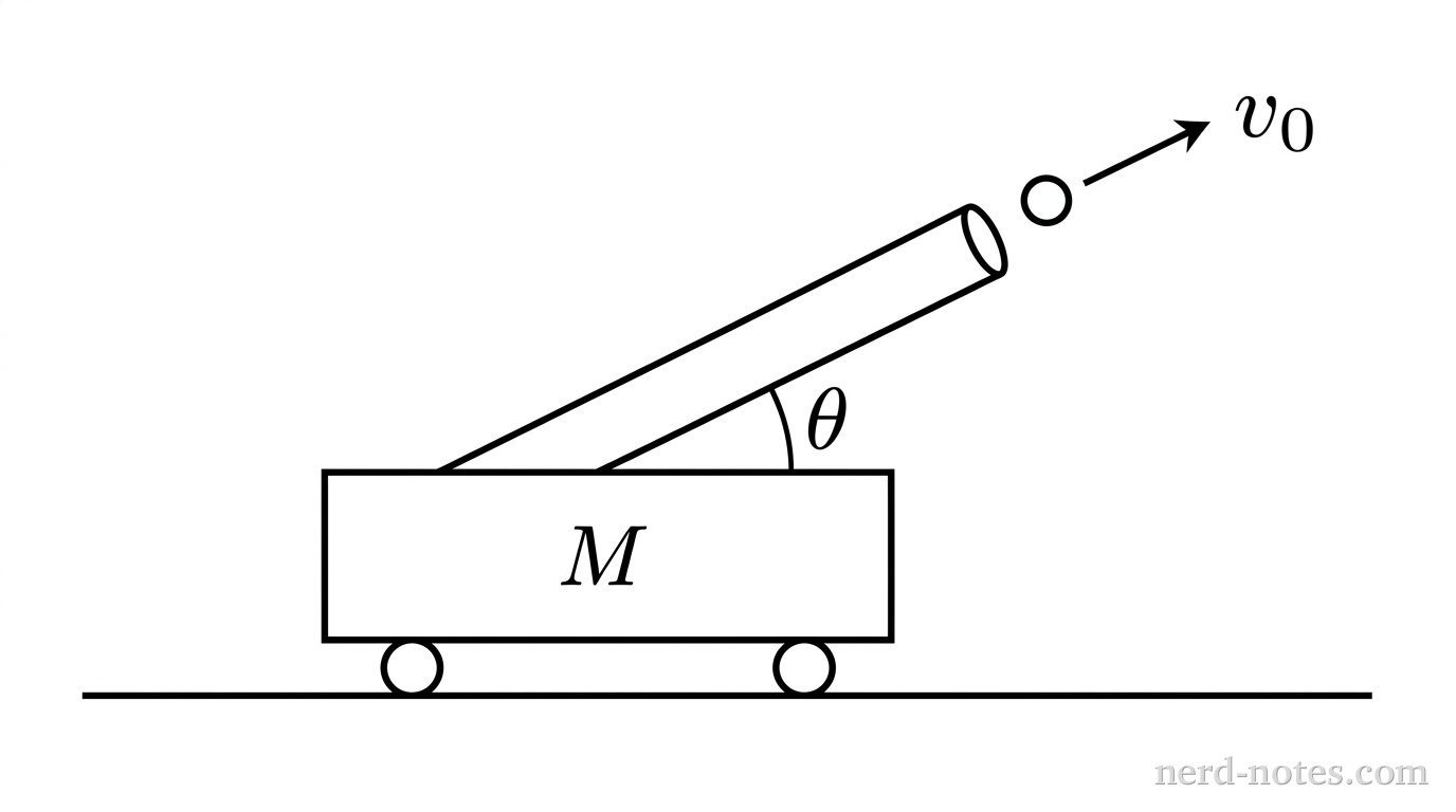 A horizontal line represents a frictionless track. Resting on the track is a rectangular cart labeled \(M\) with two small circular wheels at the bottom touching the track. Mounted atop the cart is a cylindrical launcher tube inclined upward and to the right at an angle \(\theta\) above the horizontal surface of the cart. An arc with the label \(\theta\) indicates the launch angle between the launcher tube and the horizontal top edge of the cart. A small circular projectile labeled \(m\) is shown emerging from the mouth of the tube with a straight arrow pointing along the tube axis labeled \(v_0\). No other labels, lines, text, or axes appear.