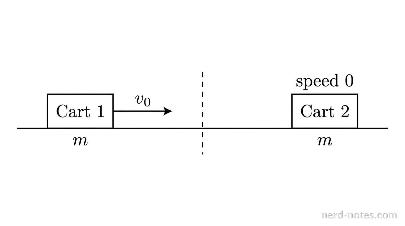 A horizontal straight line represents a frictionless track. On the left side of the track, a rectangle labeled Cart 1 has mass m and a horizontal arrow pointing to the right labeled v_0. On the right side of the track, an identical rectangle labeled Cart 2 has mass m with a label indicating speed 0. A dashed vertical line is drawn midway between the two carts to denote the collision line. No other labels, lines, text, or axes appear.