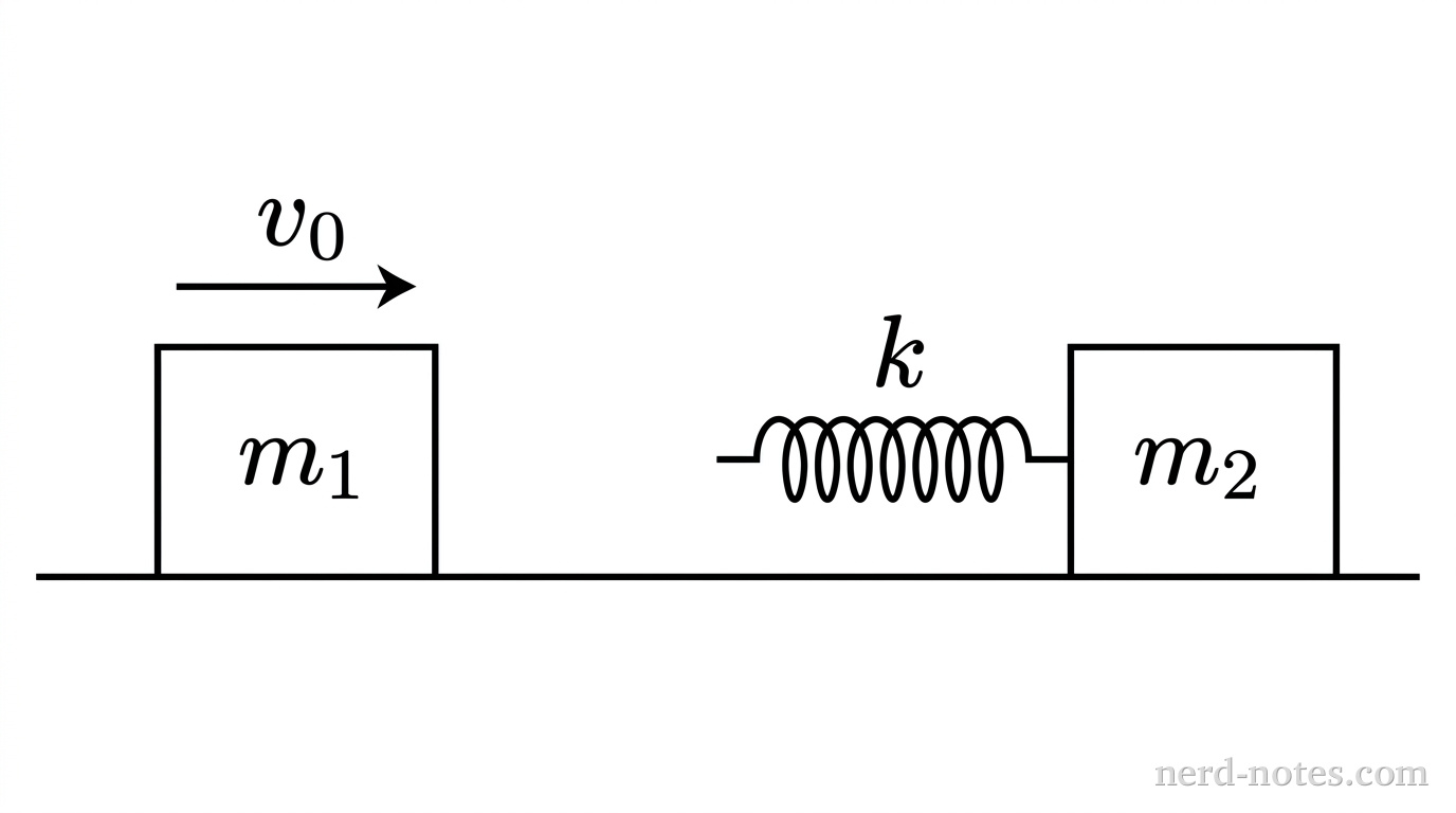 Cart of mass \(m_1\) approaching stationary cart of mass \(m_2\) with attached spring.