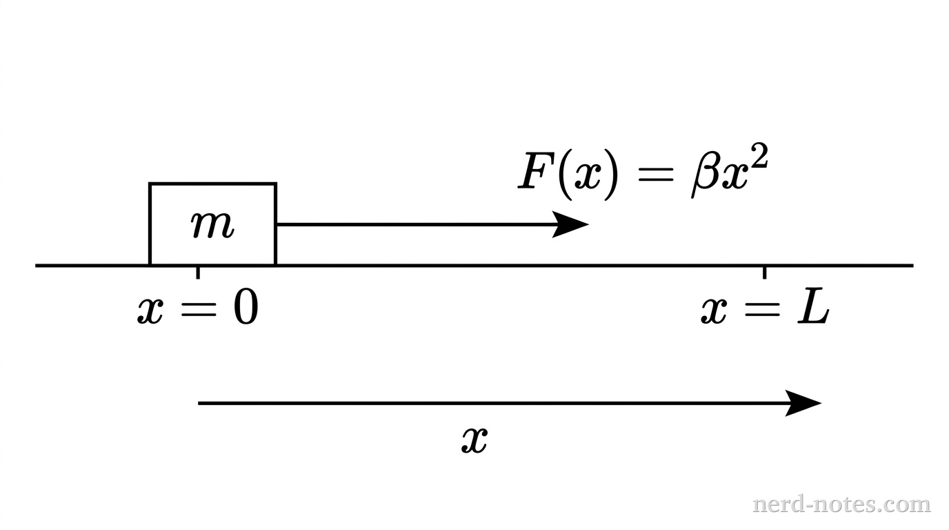 A horizontal line represents a frictionless surface with two labeled points at \(x = 0\) and \(x = L\). A small rectangular block labeled \(m\) rests at \(x = 0\). A single horizontal arrow originating from the right side of the block points to the right along the surface toward \(x = L\) and is labeled \(F(x) = \beta x^2\). A horizontal coordinate axis beneath the surface points to the right and is labeled \(x\). No other labels, lines, text, or axes appear.