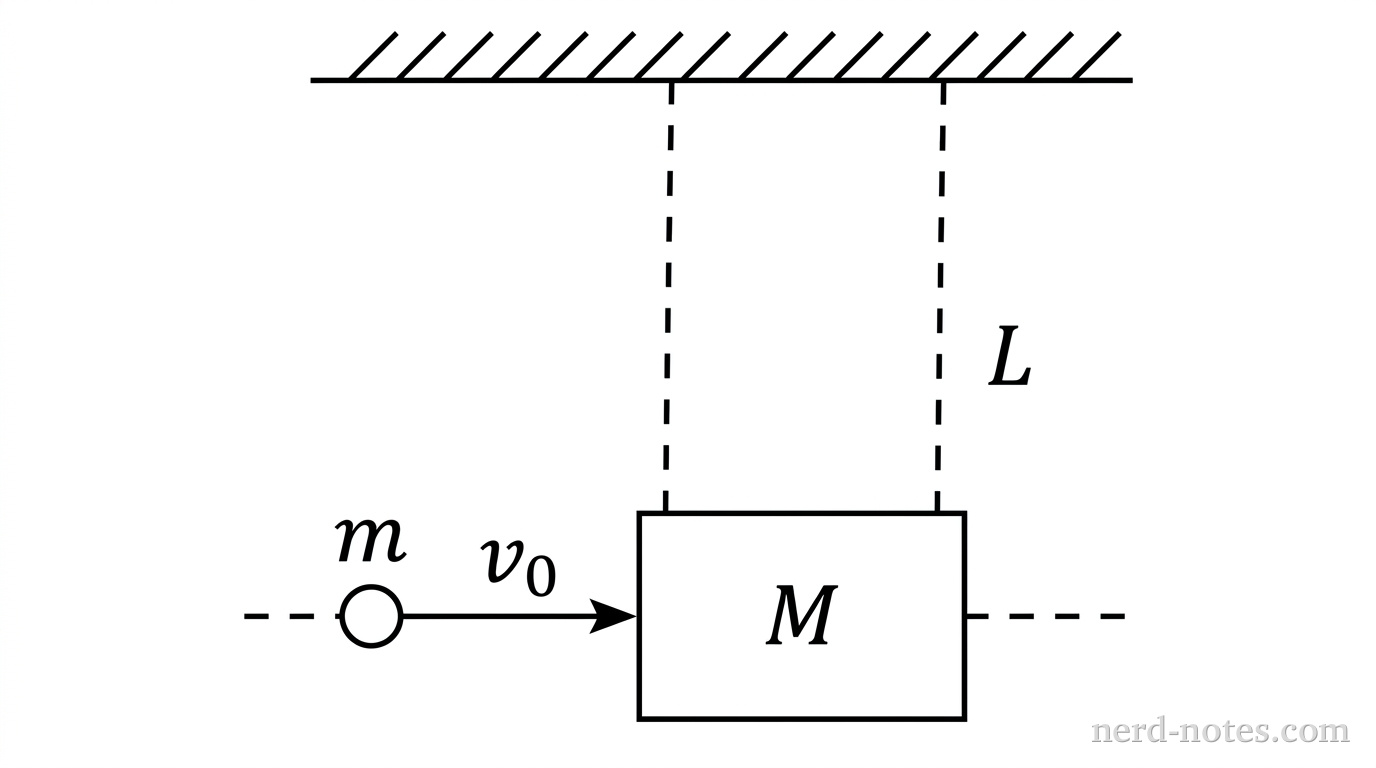 A projectile of mass \(m\) moving toward a suspended block of mass \(M\).