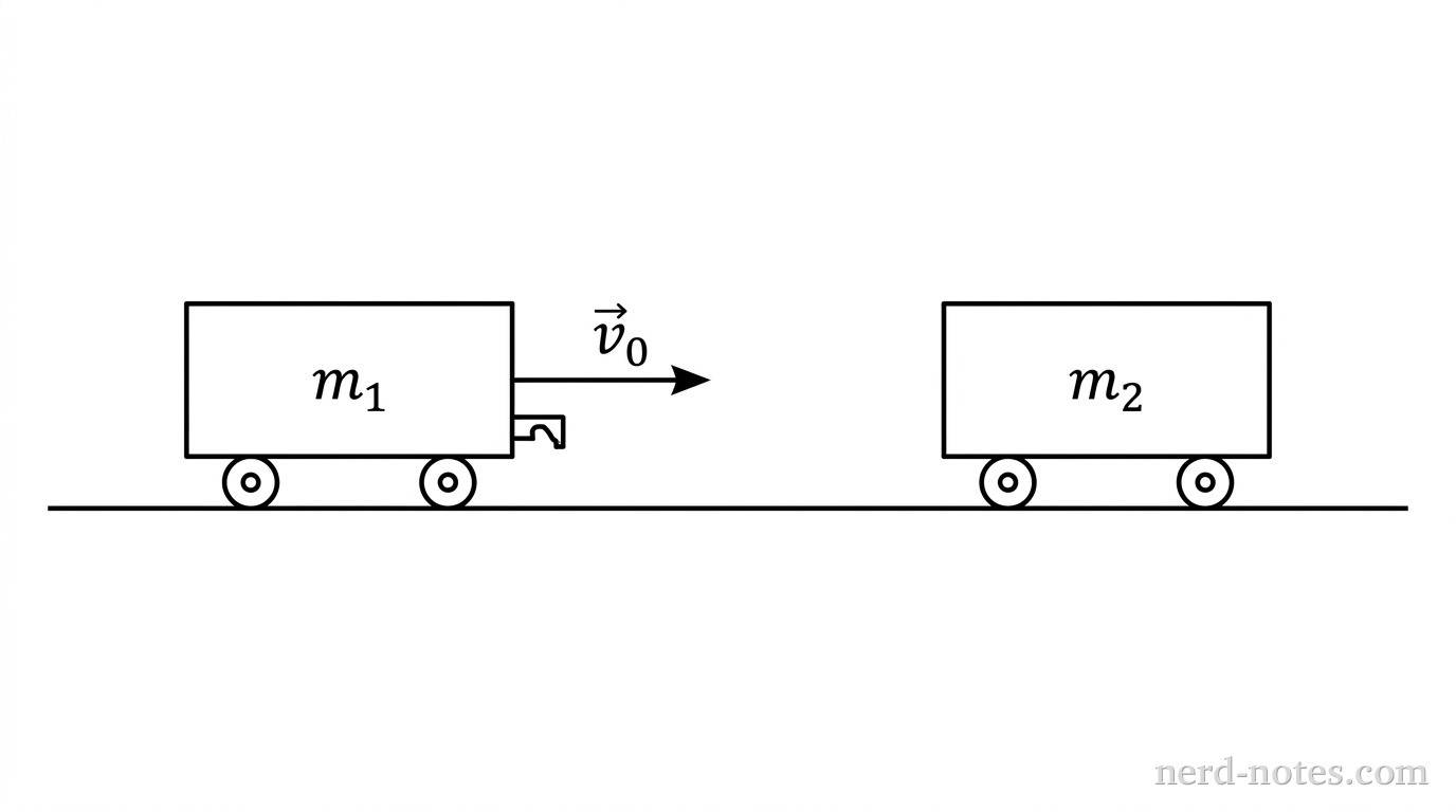 Cart 1 approaching stationary cart 2 before an inelastic collision.