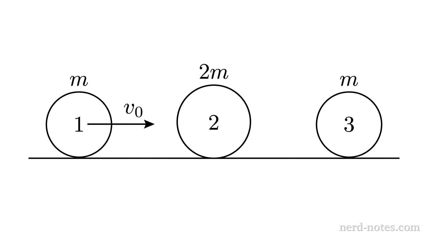 Initial setup of three spheres on a frictionless horizontal track.