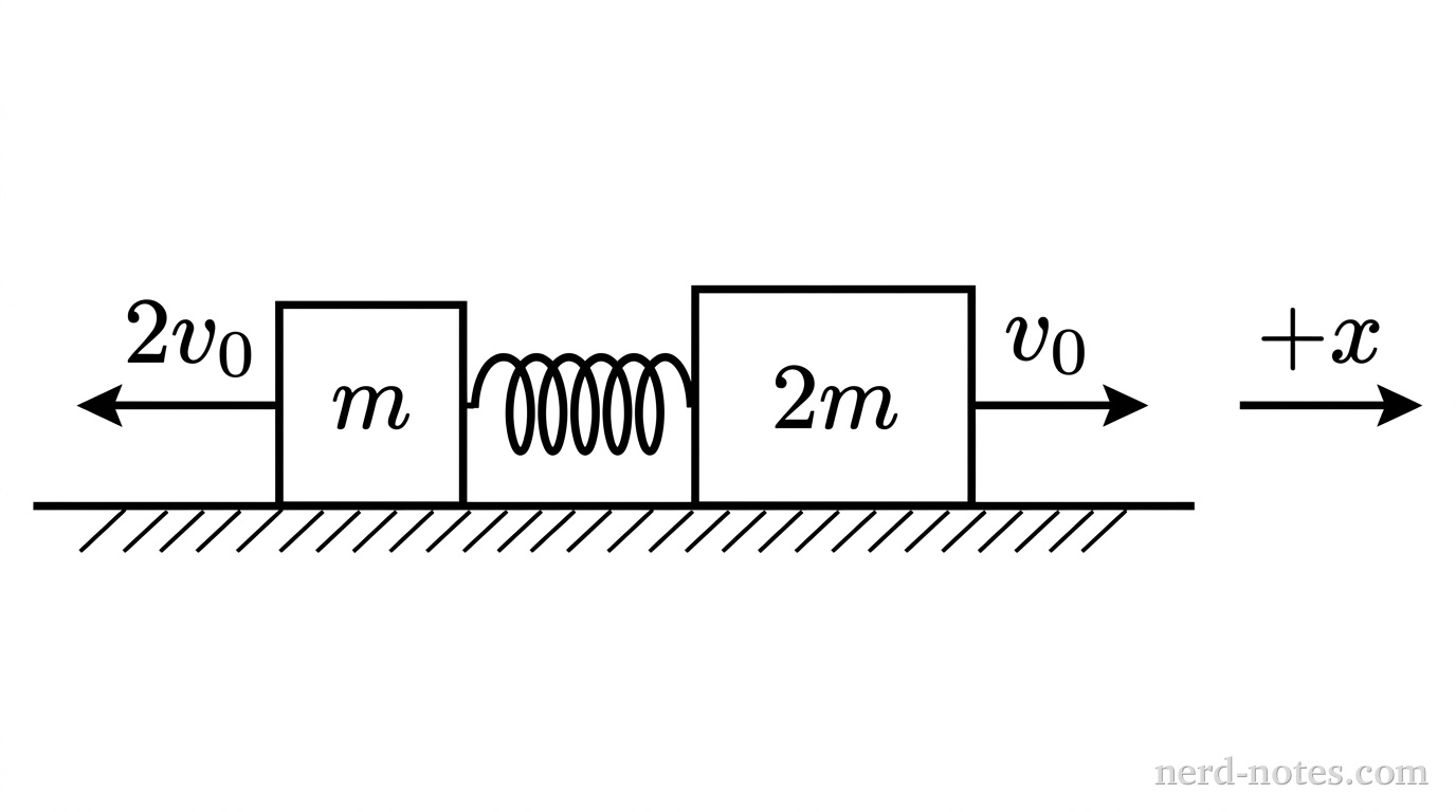 Two blocks with a compressed spring between them on a rough surface.