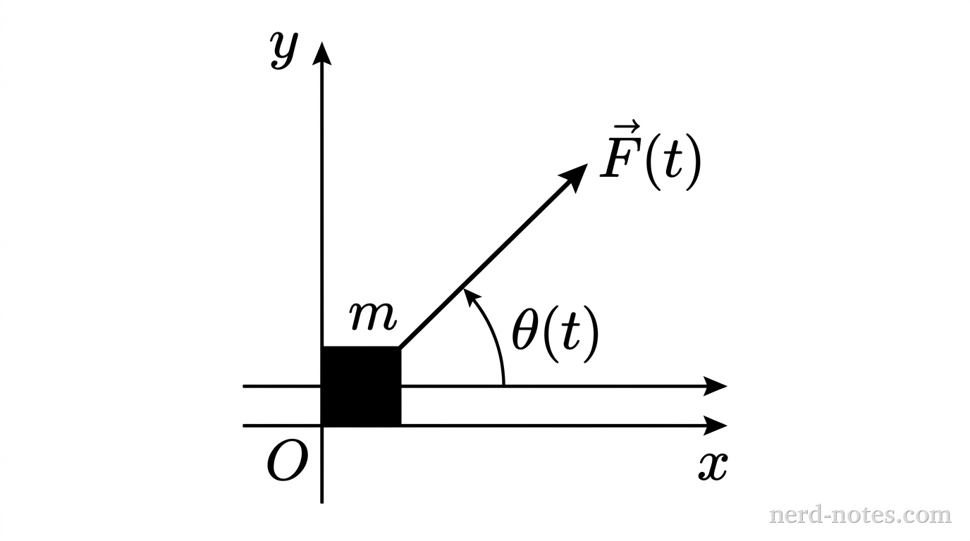 A Cartesian coordinate system showing the horizontal xy-plane from an overhead view. The horizontal axis is labeled x extending to the right, and the vertical axis is labeled y extending upward, intersecting at an origin labeled O. A square block labeled m sits at the origin. A single straight arrow representing the force vector originates from the center of the block, pointing upward and to the right into the first quadrant, labeled \vec{F}(t). A curved arc starting from the positive x-axis and ending at the force arrow is labeled \theta(t). No other labels, lines, text, or axes appear.
