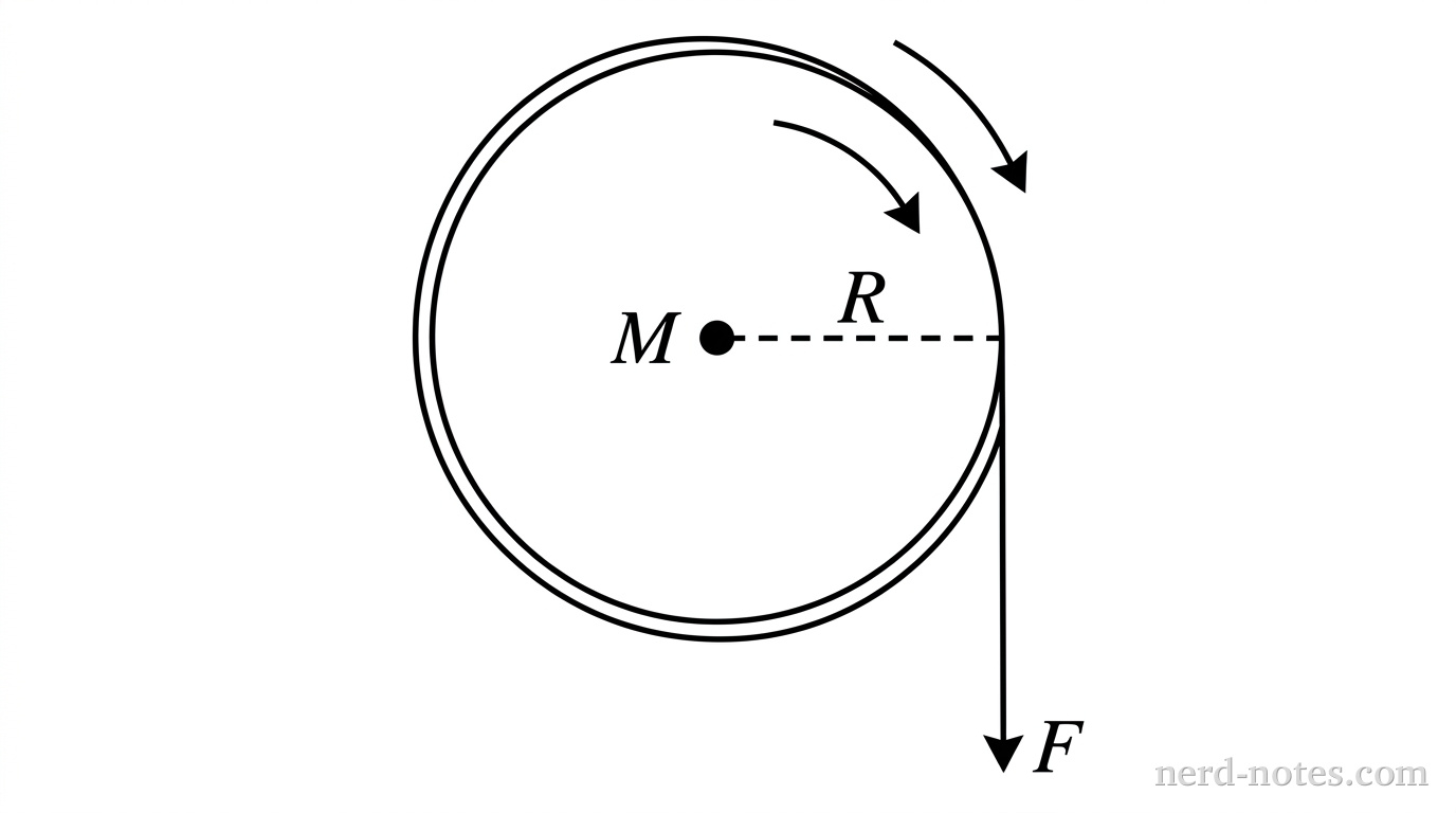 A circular disk is shown in a side-on planar view with a solid dot marking its central pivot. A horizontal dashed line segment extends radially from the center dot to the right edge of the disk, labeled \(R\). The disk is labeled with mass \(M\). A cord is wrapped around the outer circumference and hangs straight downward from the rightmost edge. At the lower tip of the vertical cord, an arrow points downward and is labeled \(F\). A curved arrow indicates clockwise angular acceleration. No other labels, lines, text, or axes appear.