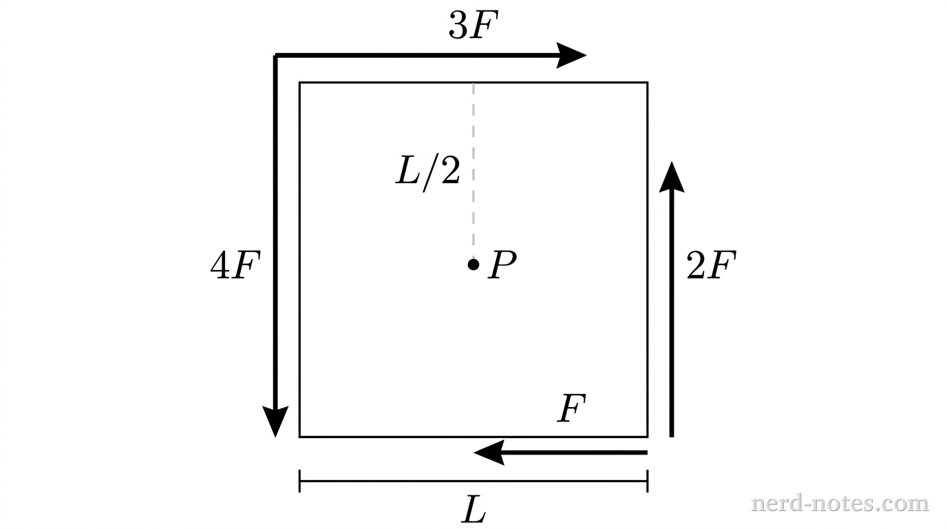 A square outline representing a plate viewed face-on, with its center marked by a small filled dot labeled P. A horizontal arrow labeled 3F lies along the top edge pointing rightward. A vertical arrow labeled 2F lies along the right edge pointing upward. A horizontal arrow labeled F lies along the bottom edge pointing leftward. A vertical arrow labeled 4F lies along the left edge pointing downward. A vertical dashed line segment extends from the central point P upward to the top edge and is labeled L/2. A horizontal dimension line spanning the bottom edge is labeled L. No other labels, lines, text, or axes appear.