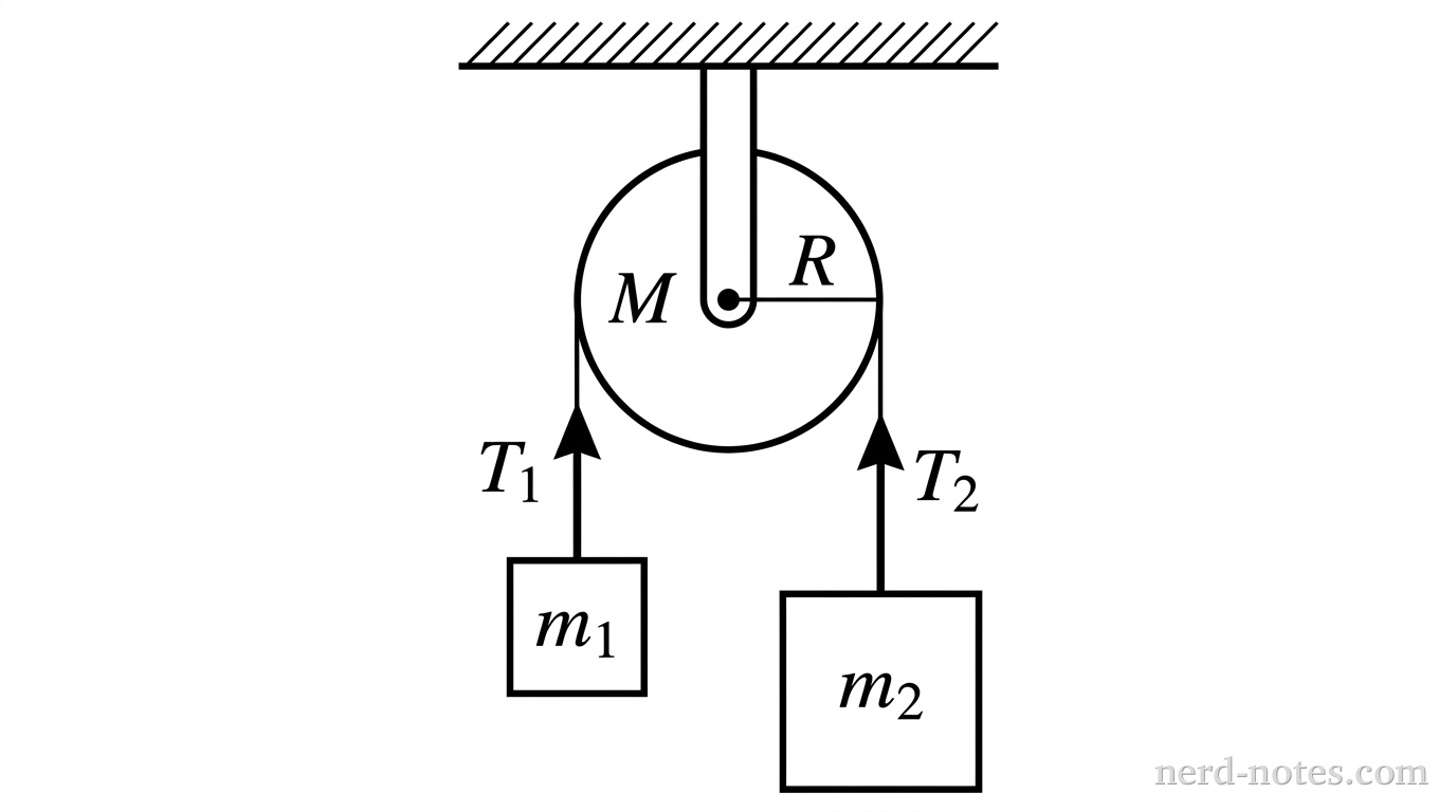 Atwood machine with a pulley of mass M and radius R.