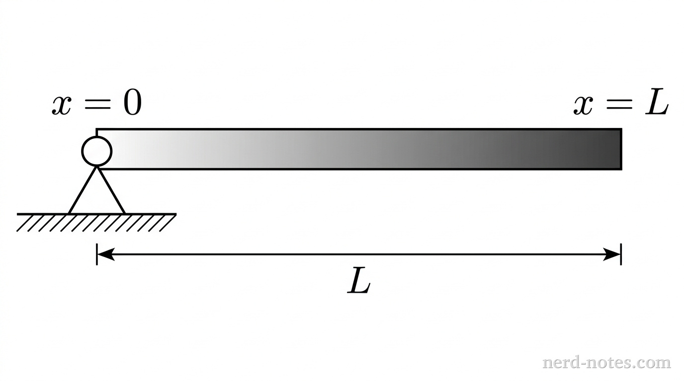 A non-uniform rod pivoted horizontally at \(x = 0\).