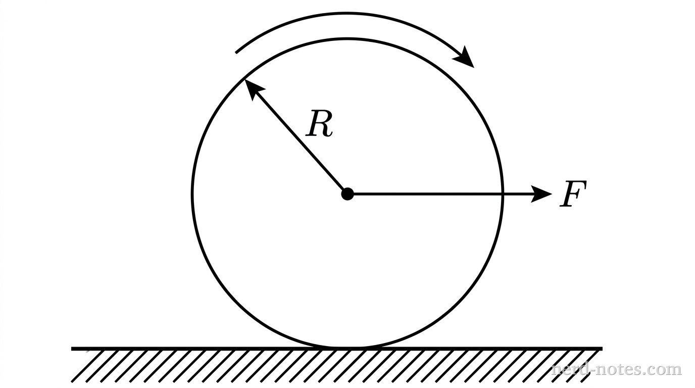 A uniform disk pulled horizontally by a force applied at its axle.