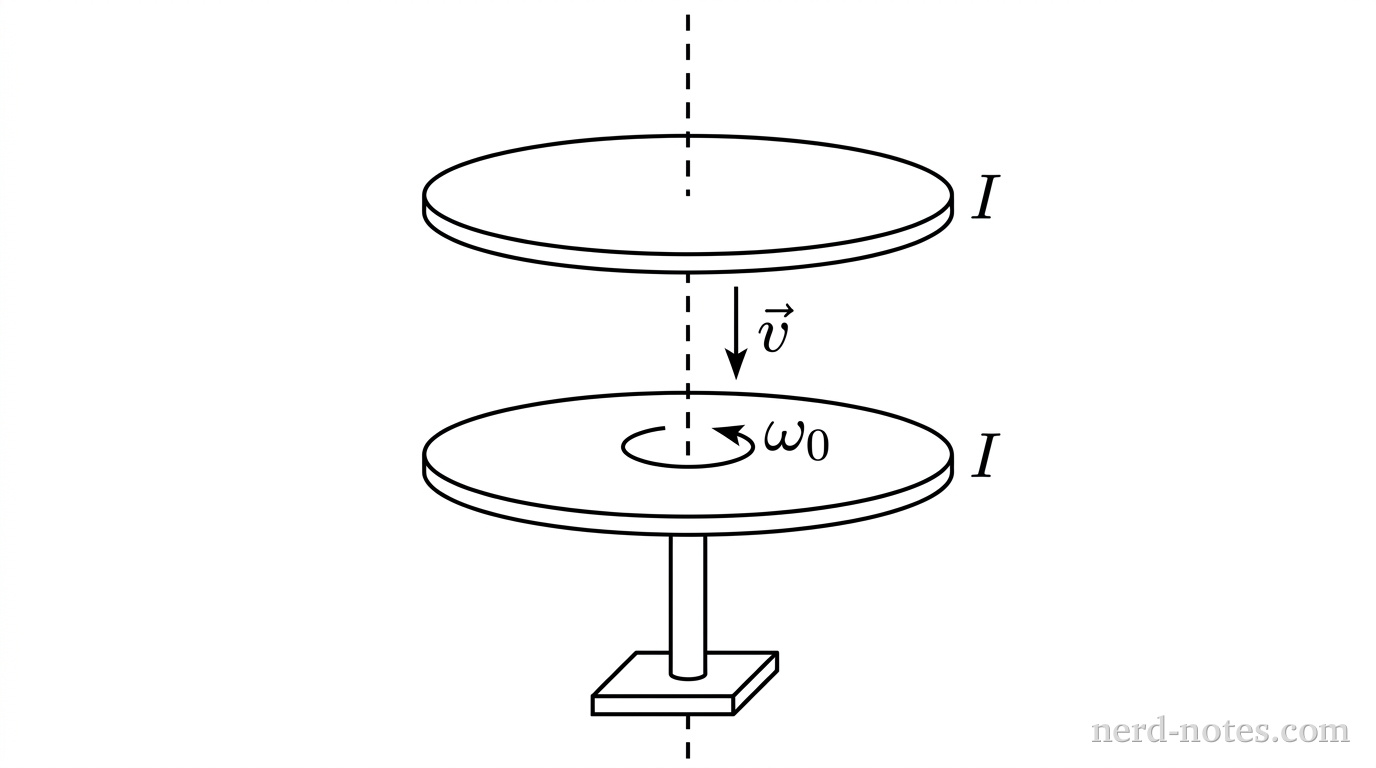 A stationary disk dropped coaxially onto a rotating turntable.