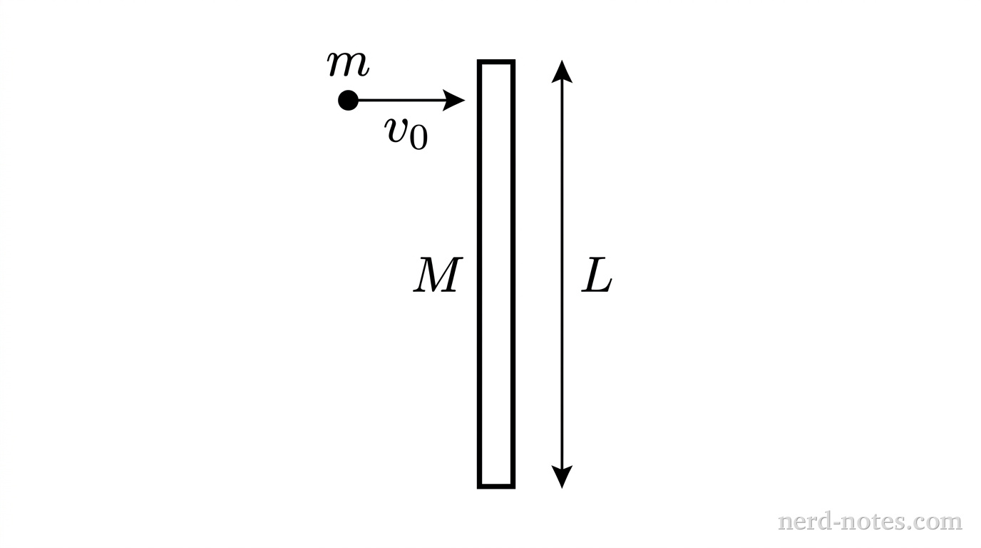 A projectile of mass \(m\) moving toward one end of a stationary uniform rod of mass \(M\) and length \(L\).