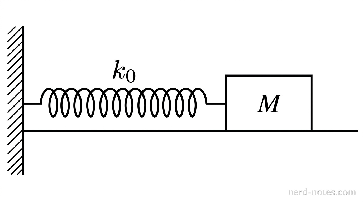 A schematic diagram showing a horizontal frictionless surface represented by a solid horizontal line. On the left, a vertical wall with hatching on its outer side serves as a fixed anchor. A horizontal coil spring labeled \(k_0\) is attached to the vertical wall at its left end and to the left face of a rectangular block labeled \(M\) at its right end. The block rests on the horizontal surface. No other labels, lines, text, or axes appear.