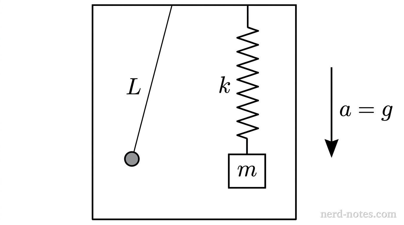 Simple pendulum and vertical block-spring oscillator inside an elevator car.