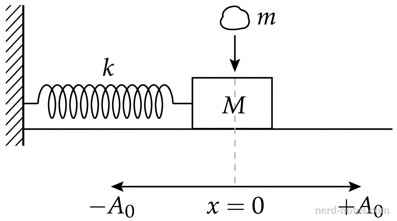 A block oscillating on a horizontal spring as a mass of clay falls vertically onto it at equilibrium.