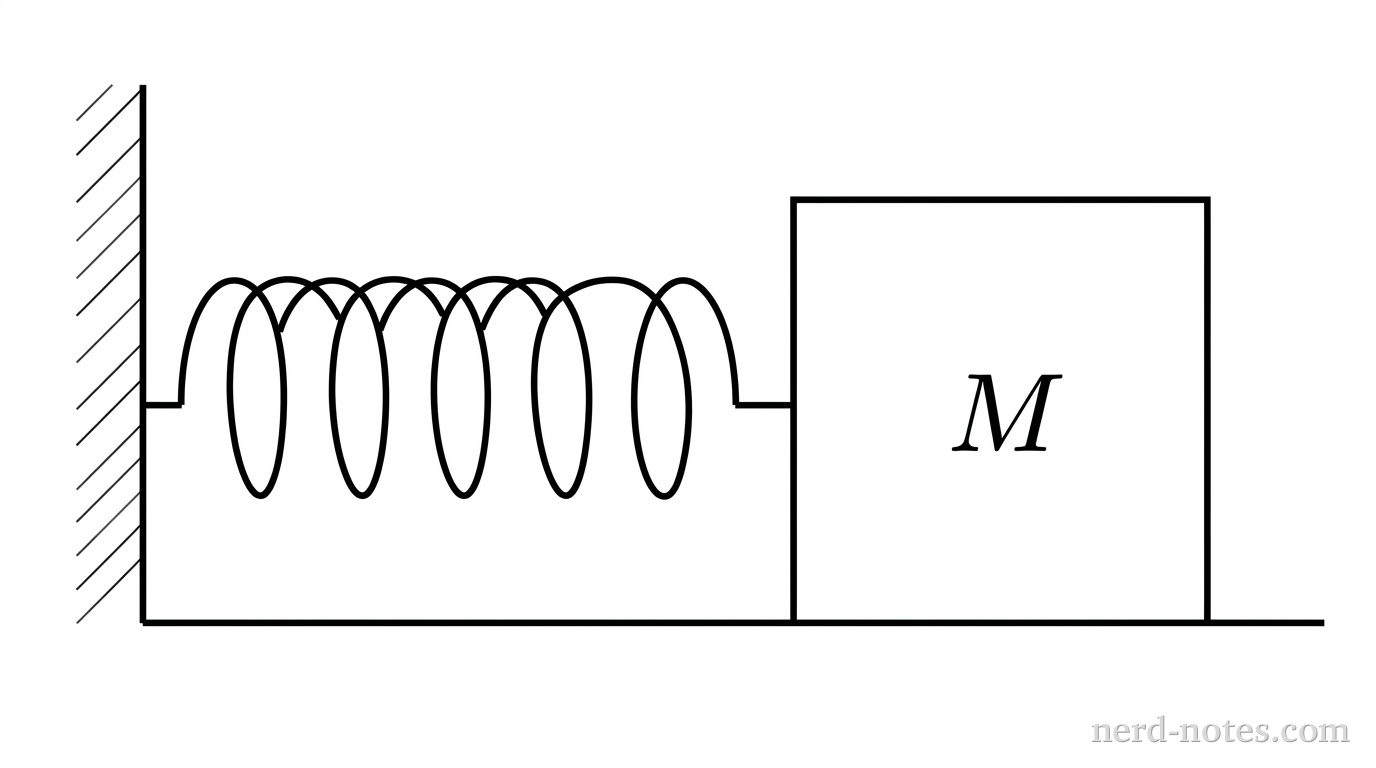 A schematic diagram showing a horizontal mass-spring oscillator on a flat surface. On the left, a vertical wall has diagonal hatching along its left edge to indicate a fixed boundary. Extending horizontally from the wall to the right is a coiled wire spring with several evenly spaced turns. The right end of the spring is attached to the left face of a solid rectangular block resting on a horizontal ground line. The block is labeled with the uppercase letter \( M \) in its center. The horizontal ground line extends beneath the wall and block. No other labels, arrows, dimensions, coordinate axes, or text appear.
