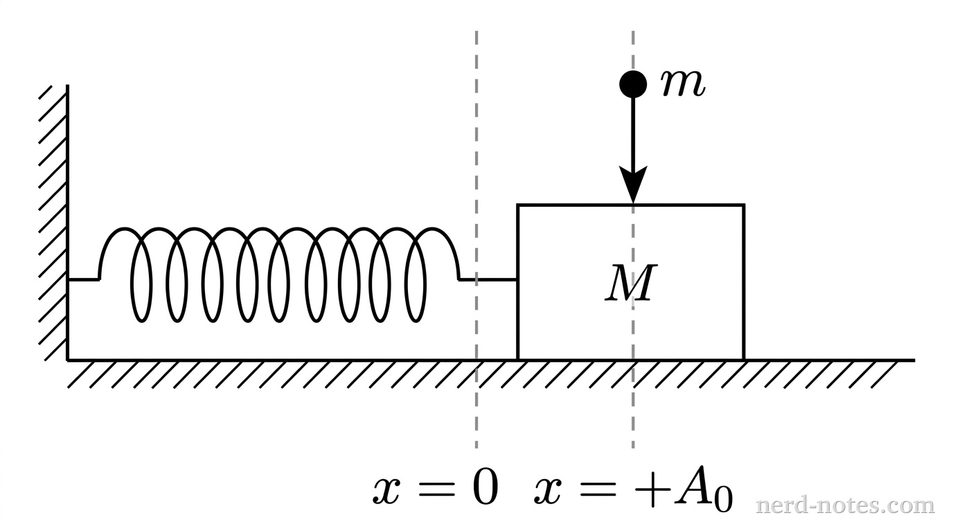 A lump of clay of mass \(m\) drops onto mass \(M\) at \(x = +A_0\).