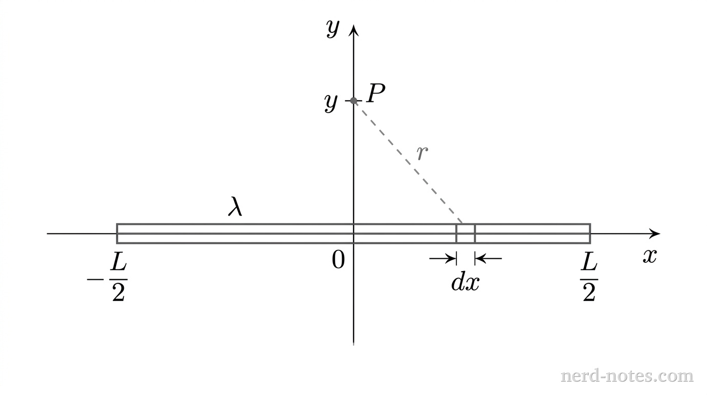 A charged rod of length \(L\) along the \(x\)-axis with point \(P\) on the \(y\)-axis.