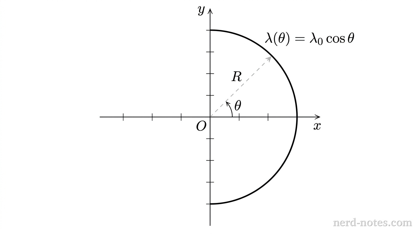 A Cartesian coordinate system in the xy-plane showing a horizontal x-axis and a vertical y-axis intersecting at the origin labeled O. A solid, curved semicircle of radius R lies entirely in the right half-plane, extending continuously from the point (0, -R) on the negative y-axis through (R, 0) on the positive x-axis to (0, R) on the positive y-axis. A thin dashed straight line connects the origin to a generic point on the semicircle in the first quadrant, with a single straight arrow along this dashed line labeled R pointing toward the upper-right at 45 degrees. A small curved angle arc labeled \theta extends counterclockwise from the positive x-axis to the dashed line. Near the apex of the semicircle, the label \lambda(\theta) = \lambda_0 \cos\theta appears. No other labels, lines, text, or axes appear.