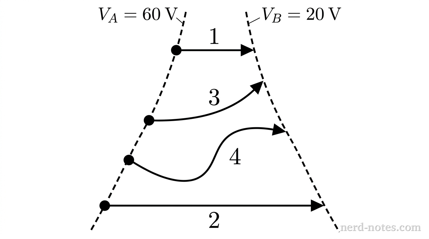 Four paths between two equipotential surfaces in a non-uniform field.
