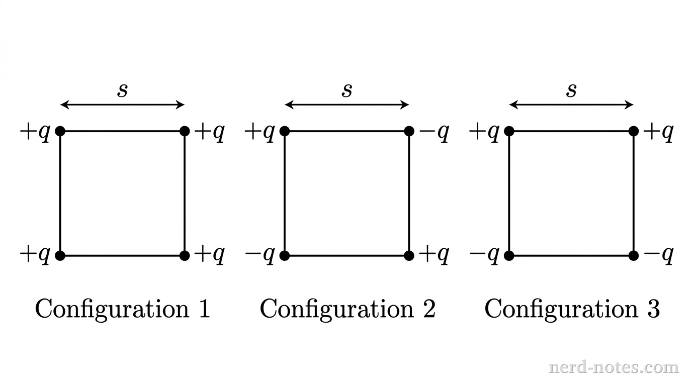 Three configurations of four point charges located at the vertices of identical squares.