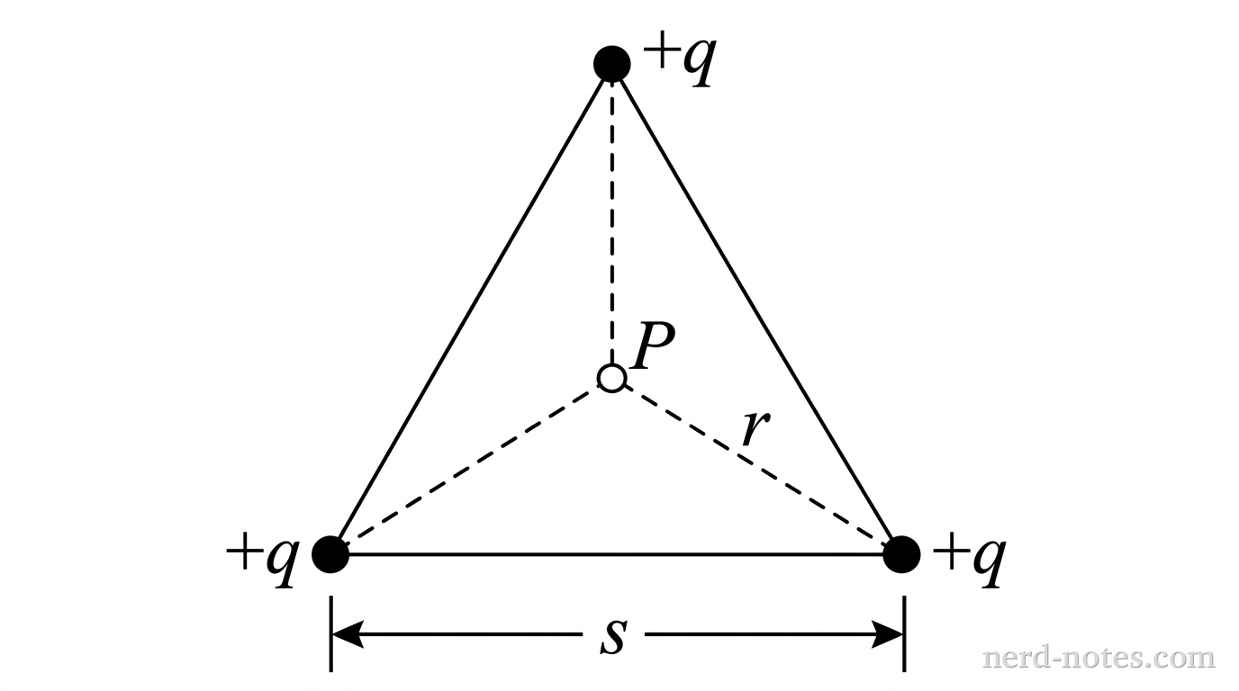 Three identical point charges at the vertices of an equilateral triangle with center point P.