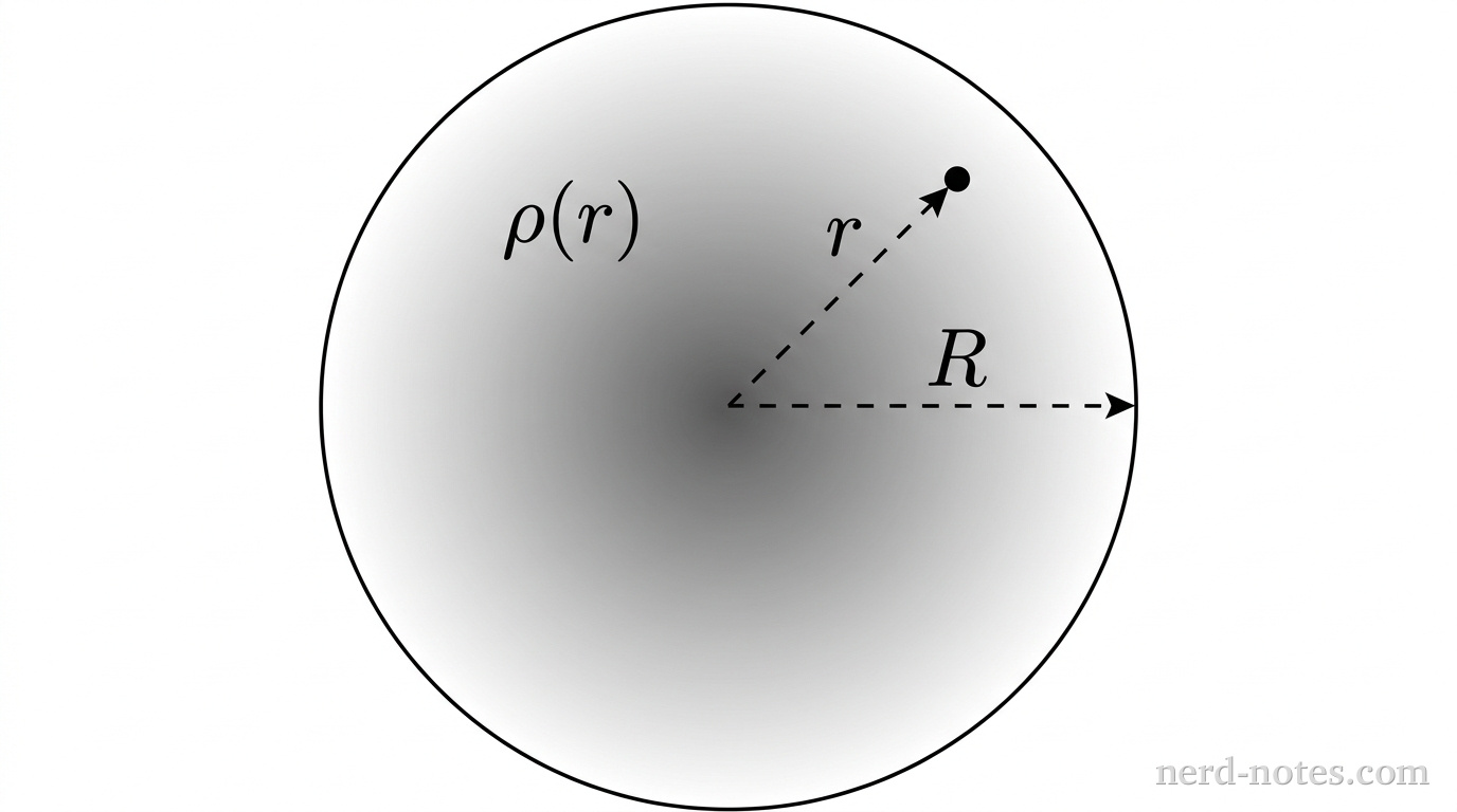 Cross-section of a sphere of radius \(R\) with non-uniform radial charge density.