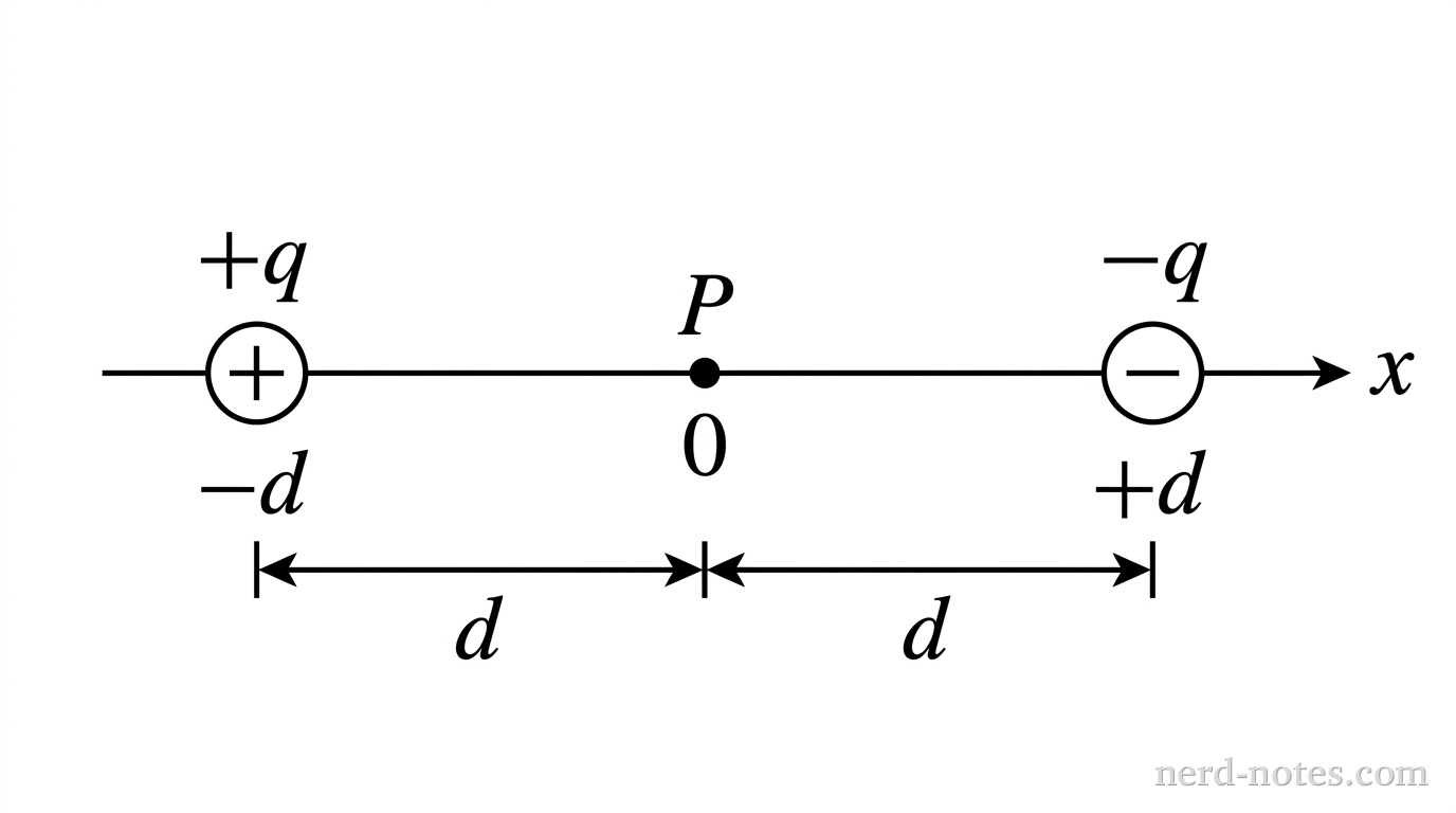 Two point charges on the x-axis with point P at the origin.