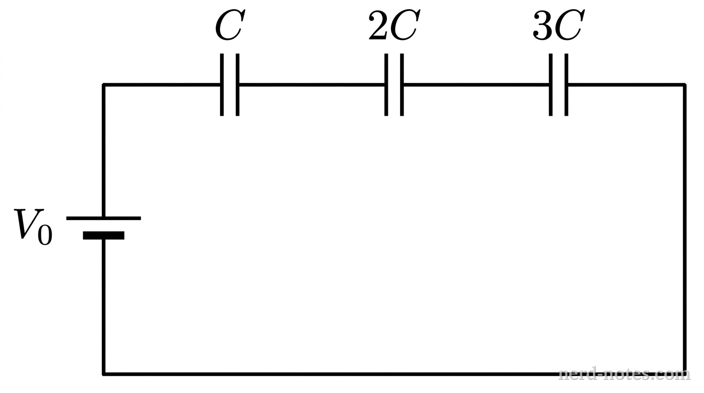 Three capacitors connected in series with a battery of potential difference V_0.